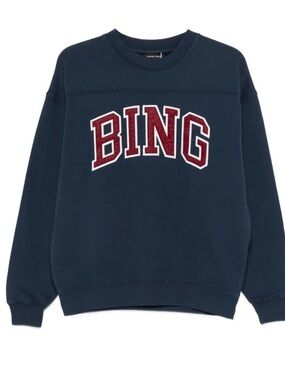 Anine Bing Navy Crewneck with Burgundy 'BING' Appliqué